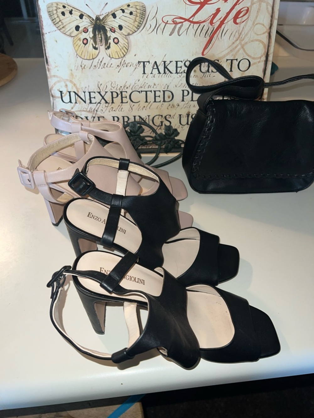 Enzo Angiolini Black and Nude Two-Tone Cutout Strappy Heels